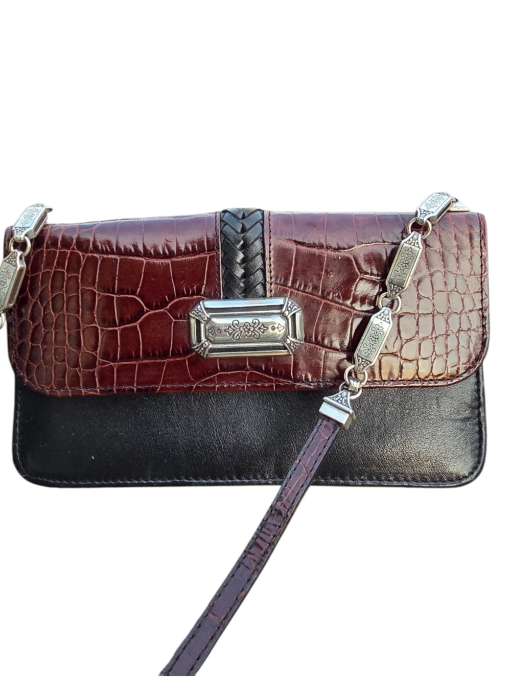 #153 Brighton Burgundy Croc-Embossed and Black Leather Crossbody
